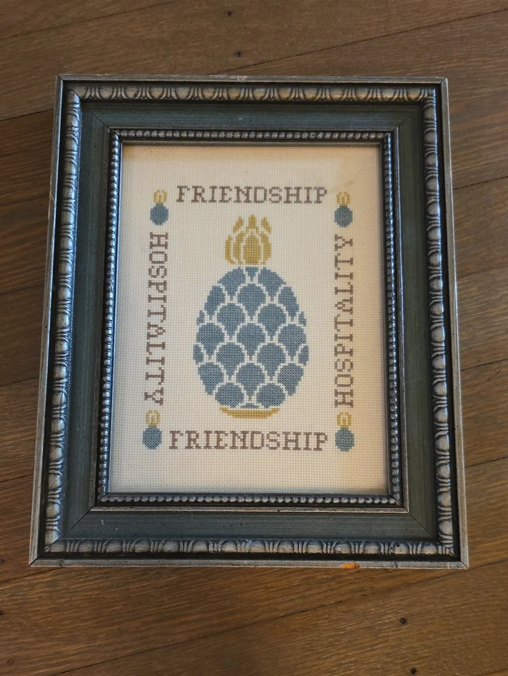 Friendship & Hospitality Framed Needlepoint Wall Art in Teal  & Gold-  10.5x8.5